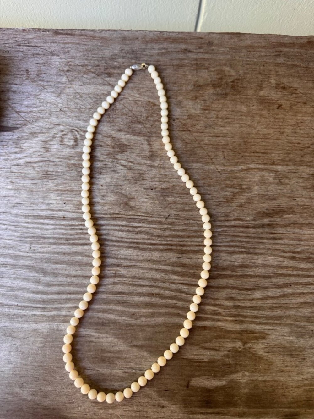 Vintage Cream White Milk Glass Bead Necklace 30” Long Strand Filigree Clasp